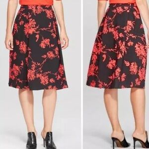 Who What Wear Women’s Floral Print Birdcage Black Coral Red Midi Skirt Size 4
